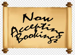"Now Accepting Bookings" on a scroll