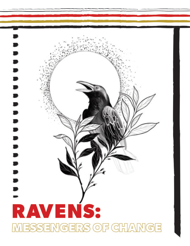 Ravens: Messengers of Changes book cover. Raven on a tree branch.